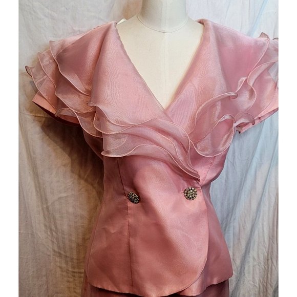 Formal Skirt Top Set 2 Pieces Pink Ruffle Polyester Acetate Bling Vintage 80s Al - Picture 2 of 12